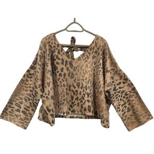 POL Animal Print Off The Shoulder Cropped Oversized Tie Back Sweater Size L